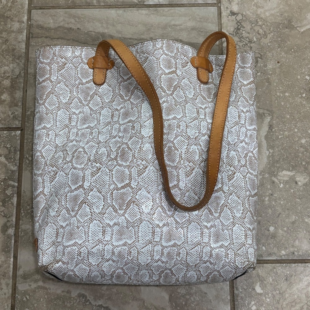 Consuela White and Tan Snake-Print Tote